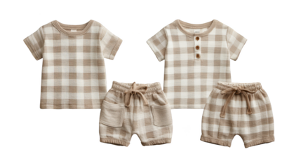 A charming and adorable baby boy's outfit featuring a classic brown and white plaid pattern perfect for a stylish infant's wardrobe. This timeless design combines comfort and fashion.