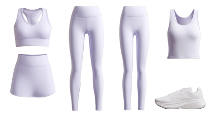 A clean and minimalist white matching athletic ensemble for fitness and exercise routines featuring a comfortable sleeveless top and flexible high waisted leggings for active lifestyles.