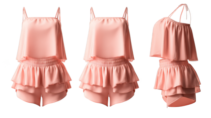 A stylish collection of three vibrant pink swimsuits elegantly arranged for a summer fashion concept. This assortment features different styles of swimwear perfect for vacation or beach outings.