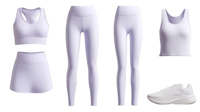 A clean and minimalist white matching athletic ensemble for fitness and exercise routines featuring a comfortable sleeveless top and flexible high waisted leggings for active lifestyles.