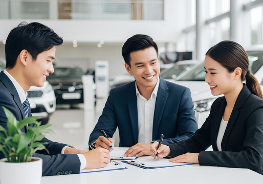 Happy young Asian couple signing a contract to buy a new car at a dealership with a sales consultant.