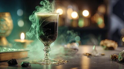 Halloween Party Banner Concept. Alcoholic witch creepy orange cocktail in beautiful glass