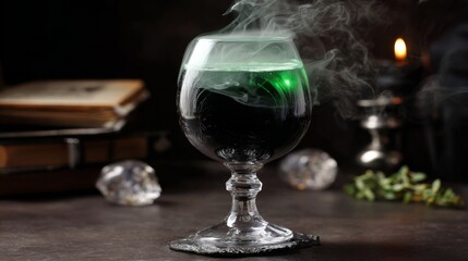 Halloween Party Banner Concept. Alcoholic witch creepy orange cocktail in beautiful glass