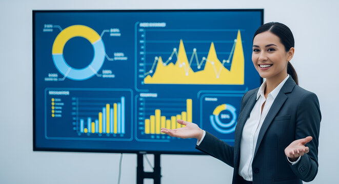 Confident businesswoman presenting a business report with data analysis charts and graphs on a digital screen.