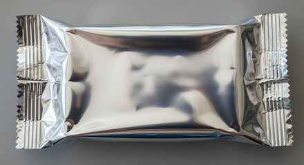 Silver metallic snack wrapper on neutral background &mdash; empty foil packet, food packaging mockup and snack wrapper template