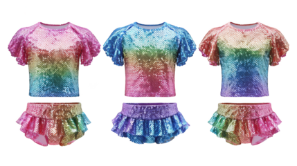 A vibrant and colorful set of three matching girls swimsuits each featuring a beautiful and eye catching rainbow colored pattern perfect for summer days beach trips and swimming pool fun.