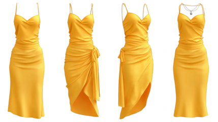 A vibrant and colorful collection of three beautiful dresses displayed side by side showcasing a stunning variety of hues and elegant designs for any special occasion.