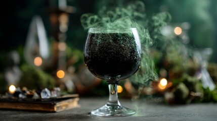 Halloween Party Banner Concept. Alcoholic witch creepy orange cocktail in beautiful glass