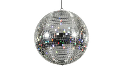 Silver disco mirror ball hanging reflective sphere with mosaic tiles for party and nightlife atmosphere on white background
