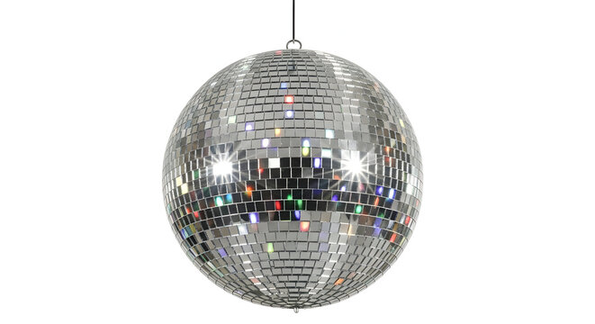 Silver disco mirror ball hanging reflective sphere with mosaic tiles for party and nightlife atmosphere on white background