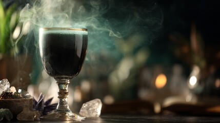 Halloween Party Banner Concept. Alcoholic witch creepy orange cocktail in beautiful glass