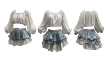 A detailed presentation showcasing three distinct perspectives of a stylish woman's garment highlighting its design fabric and silhouette from the front back and side views.