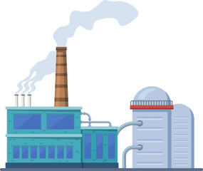Fototapeta premium Cartoon illustration of an industrial factory building emitting smoke from its chimney, connected by pipes to a storage tank with a red platform on a transparent background