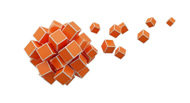 Floating cluster of glossy orange cubes forming abstract 3D structure — modern tech, innovation and data visualization concept