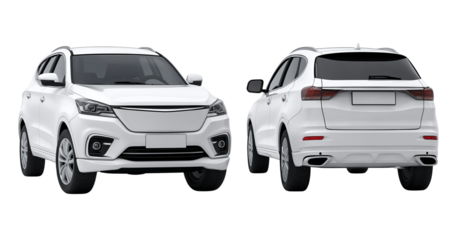 silver car font and back view isolated on transparent background, cutout	
