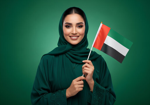 Portrait of a Beautiful Emirati Woman in Hijab Holding the UAE Flag for National Day Celebration.