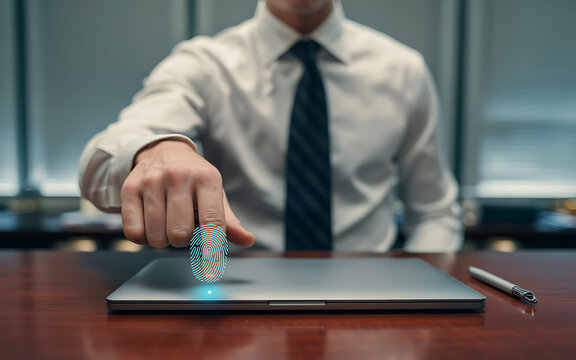 Businessman scanning fingerprint on laptop for secure login, concept of biometric authentication, workplace cybersecurity, identity protection, and digital data privacy