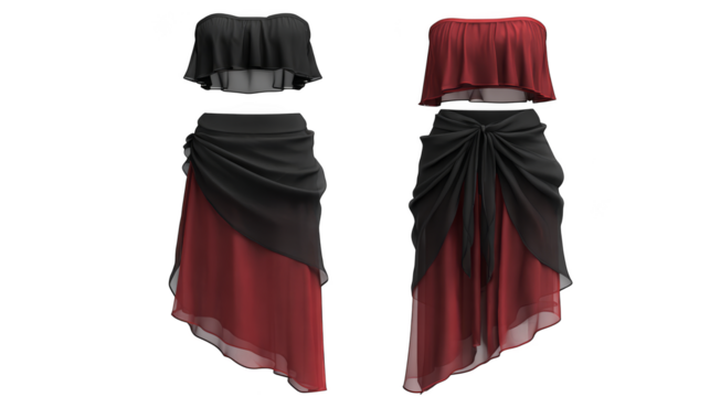 An exquisitely designed formal garment featuring a striking color combination of deep black and vibrant red this elegant dress with a flowing skirt is a masterpiece of modern fashion.