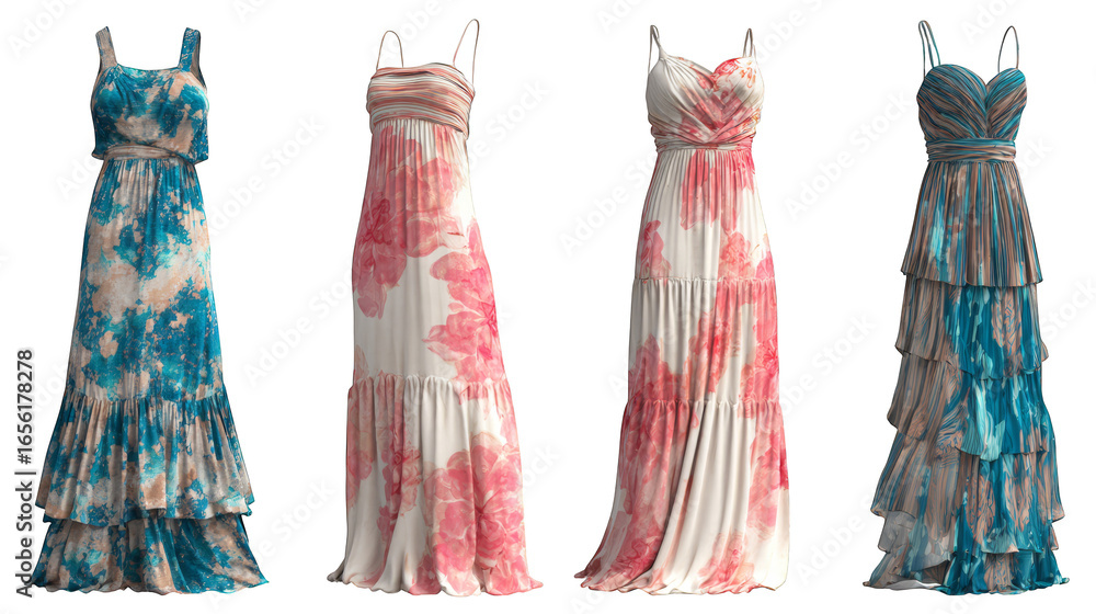 Poster an artistic and aesthetically pleasing composition showcasing a quartet of elegant dresses each radi