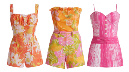 A vibrant collection of three elegant dresses showcasing a beautiful spectrum of different colors and styles for any occasion displayed together in a fashionable arrangement.