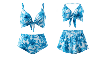 A classic two piece women's swimwear set featuring a comfortable bikini top and matching bottom both adorned with a delicate and stylish blue floral print pattern on a clean background.