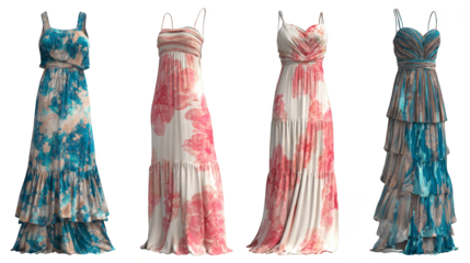 An artistic and aesthetically pleasing composition showcasing a quartet of elegant dresses each radiating a unique and vibrant hue arranged in a clean and minimalist display.