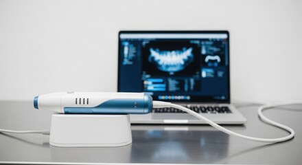 A dental scanner on a base connected to a laptop displaying a jaw x ray on a metallic surface