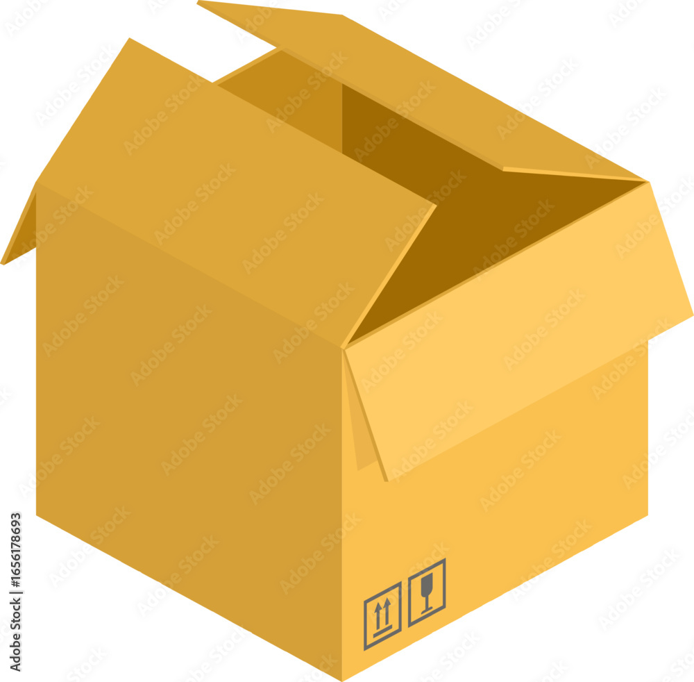 Poster open empty cardboard box waiting to be filled, featuring handle with care and this side up symbols, 