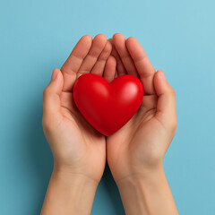 Obraz premium Hands Offering Heart: Tender hands cradle a vibrant, red heart, symbolizing love, care, and compassion. A visual representation of empathy, kindness, and the importance of nurturing relationships.