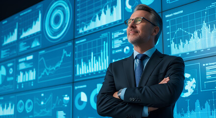 Fototapeta premium Successful mature businessman analyzing financial data on a futuristic wall of screens with charts and graphs.