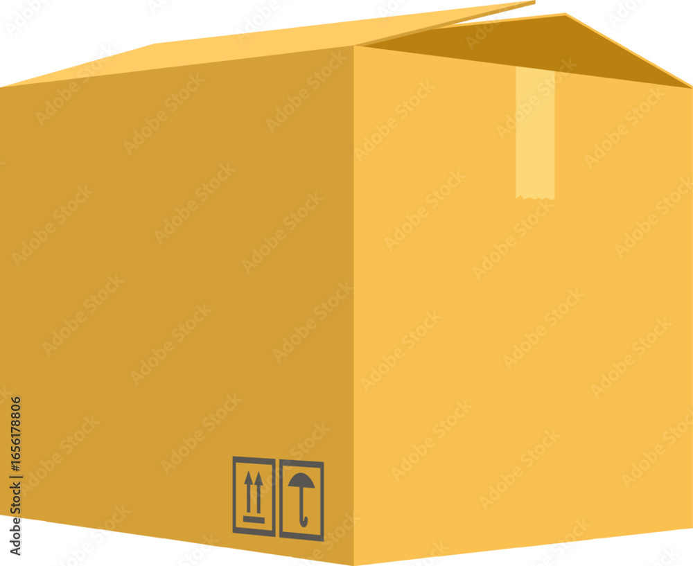 Poster cardboard box slightly open with adhesive tape, handle with care and this side up symbols is waiting