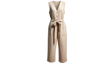 Detailed studio shot of a modern beige one piece jumpsuit with a tied waist belt elegantly styled over a clean white button up shirt creating a sophisticated and fashionable outfit.