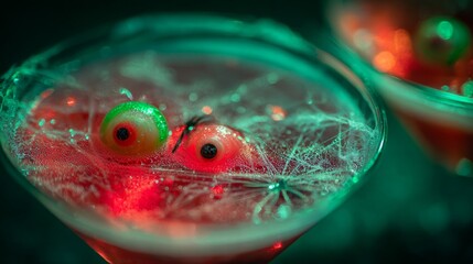 Halloween Party Banner Concept. Alcoholic witch creepy orange cocktail in beautiful glass