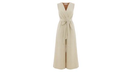 Studio shot of a stylish beige jumpsuit with a sophisticated tie waist detail showcasing a modern and minimalist aesthetic. This one piece outfit is perfect for various occasions.