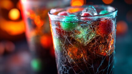 Halloween Party Banner Concept. Alcoholic witch creepy orange cocktail in beautiful glass