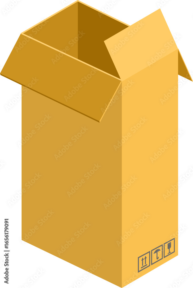 Poster open tall rectangular cardboard box with packaging symbols is waiting to be filled, representing shi