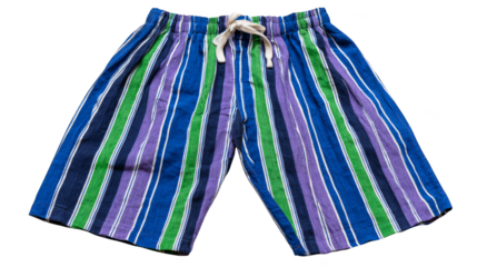 Close up studio shot of vibrant purple and green vertically striped casual summer shorts featuring a delicate white bow tied at the center of the waistband.