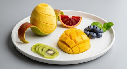 A visually appealing plate of artistically cut mango, kiwi, blood orange, and blueberries.