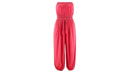 Stylish full length crimson red jumpsuit with long sleeves and a matching fabric tie belt cinching the waist creating an elegant and fashionable silhouette for a modern look.