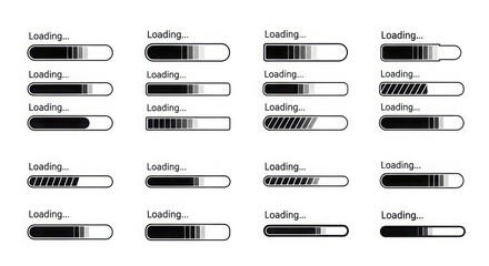 Various loading bars showing different progress levels in a grid format on a white background