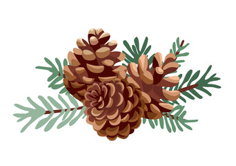 Pine cones with twigs. Vector illustration on white background.