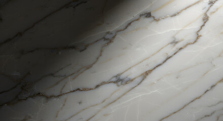 An abstract close-up of polished marble features a stark contrast between a shadowed and bright section, highlighting the stone's intricate veining patterns in a minimalist composition.