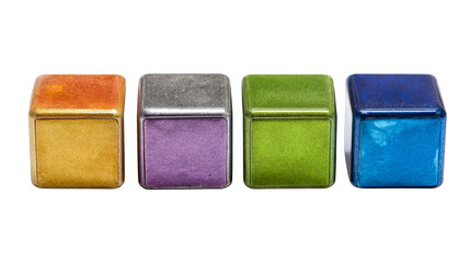 A vibrant and colorful row of geometric blocks arranged in a straight showcasing a spectrum of different hues and shades against a simple clean background.