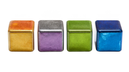 A vibrant and colorful row of geometric blocks arranged in a straight showcasing a spectrum of different hues and shades against a simple clean background.