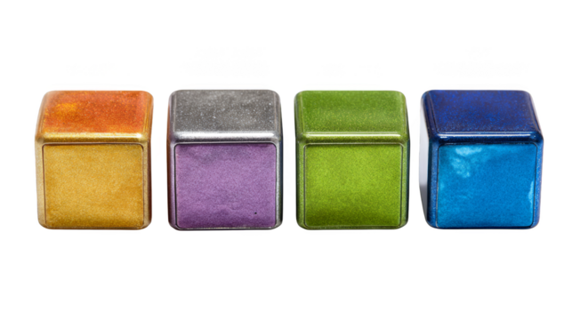 A vibrant and colorful row of geometric blocks arranged in a straight showcasing a spectrum of different hues and shades against a simple clean background.