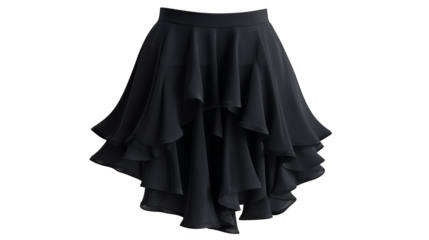 An elegant black skirt with a dramatic and flowing high low asymmetrical hemline showcasing a sophisticated and modern fashion statement for evening or formal attire.