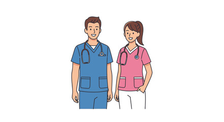 Team of smiling male and female nurses in scrubs with stethoscopes. Healthcare professionals vector character illustration.
