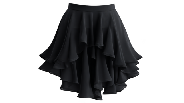 An elegant black skirt with a dramatic and flowing high low asymmetrical hemline showcasing a sophisticated and modern fashion statement for evening or formal attire.
