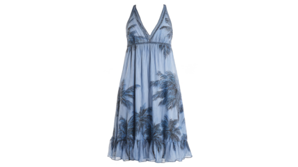 Elegant summer fashion apparel a beautiful blue dress with a repeating tropical palm tree pattern perfect for a vacation getaway or a casual day out in the sun exuding a relaxed island vibe.