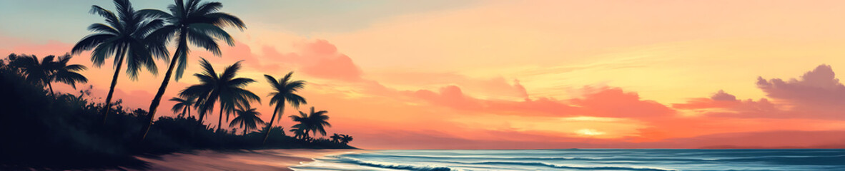 A serene beach scene at sunset with palm trees silhouetted against colorful clouds.